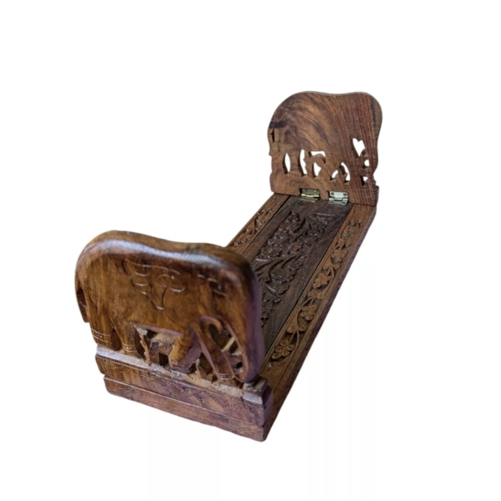 Vtg Ornate Handcarved Elephant Wood Slide Expandable Bookrack Ends Shelf India - Picture 2 of 16
